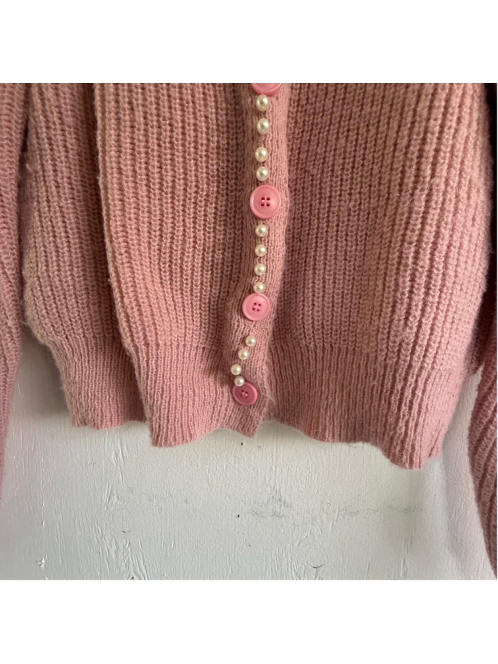 Vintage Pink Pearl Trim Knit Cardigan w/ Crochet Flower Small - Picture 3 of 6